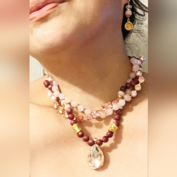 Swarovski Pink & Rose Quartz And Red Turquoise Wrapped Bead Necklace & Earrings - Picture 11 of 12